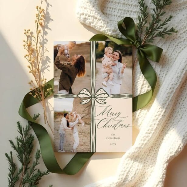 Merry Christmas Elegant Bow Present Photo Collage Green Holiday Card