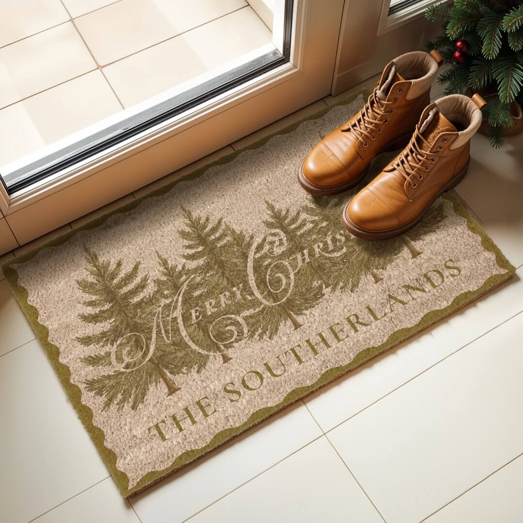 Merry Christmas Evergreen Pine Tree Forest Name Doormat