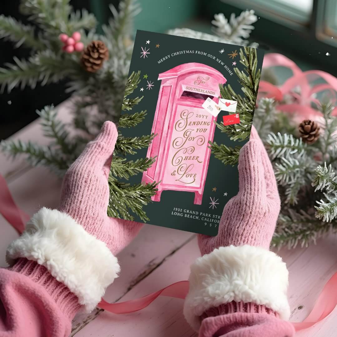 Merry Christmas New Home Fun Vintage Pink Mailbox Holiday Card