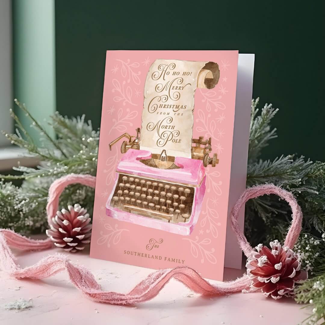 Merry Christmas Retro Pink Typewriter Santa Letter Holiday Card