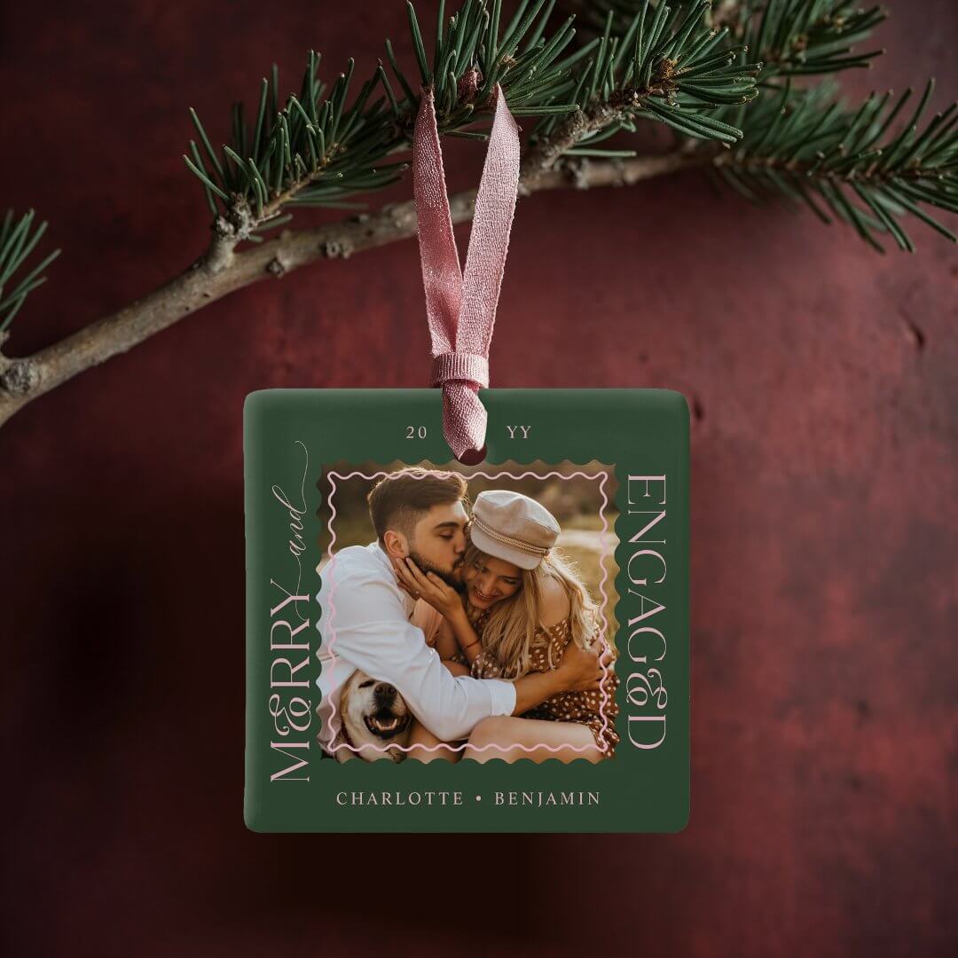 Merry & Engaged Modern Minimal Wavy Photo Keepsake Green Ceramic Ornament