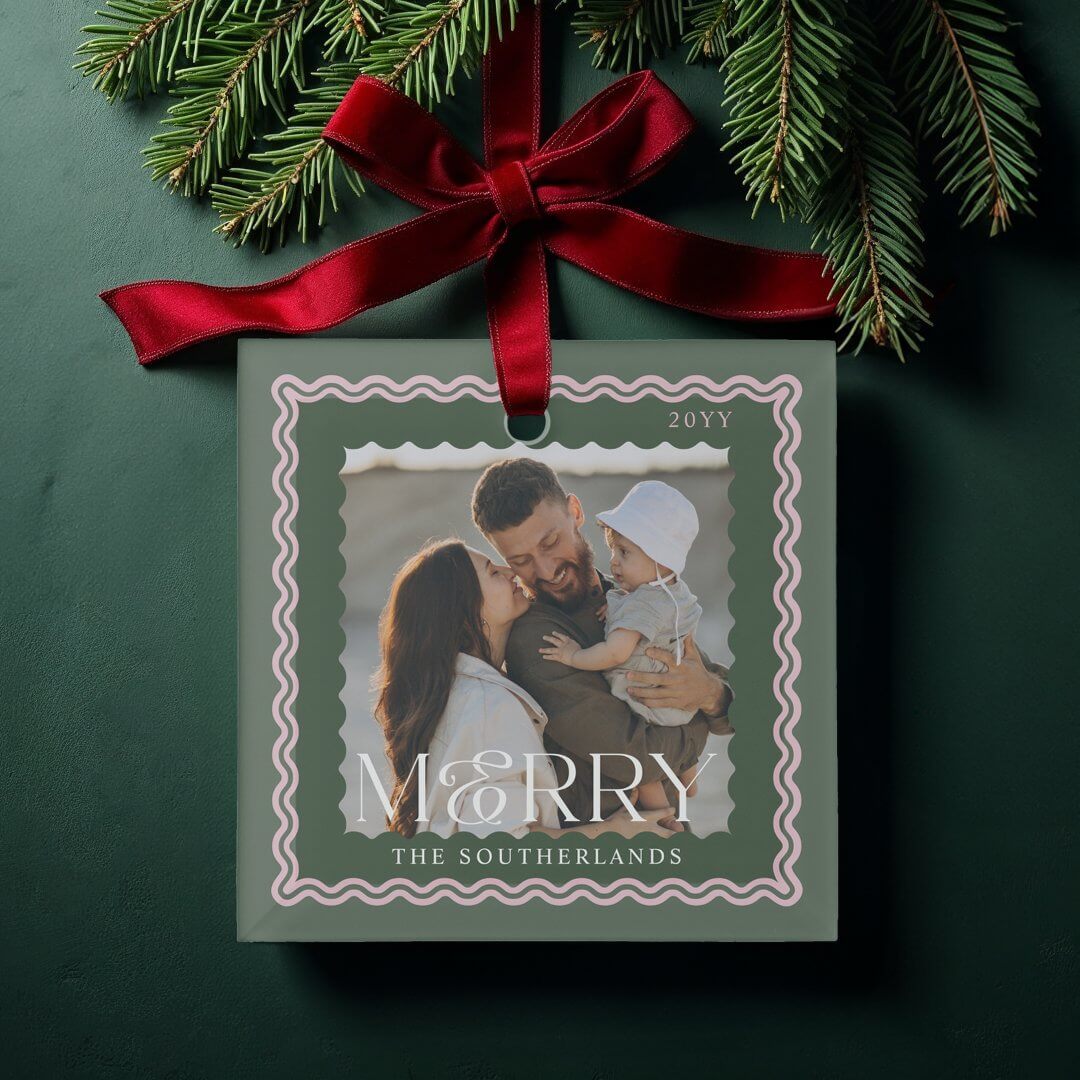 Merry Family Modern Retro Wavy Photo Keepsake Glass Ornament