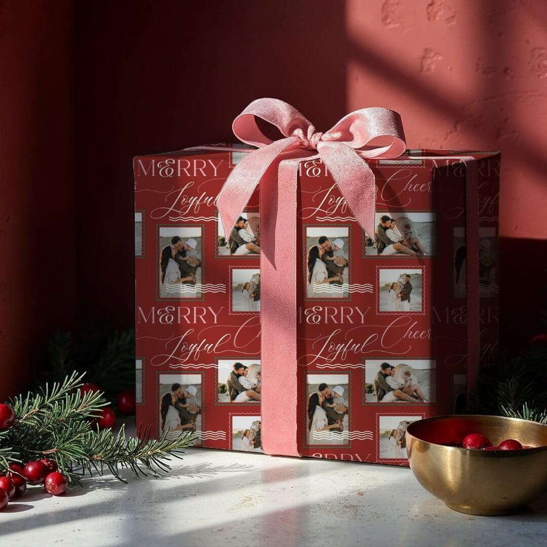 Merry Joyful Cheer Wavy Retro Modern Photo Collage Green Wrapping Paper