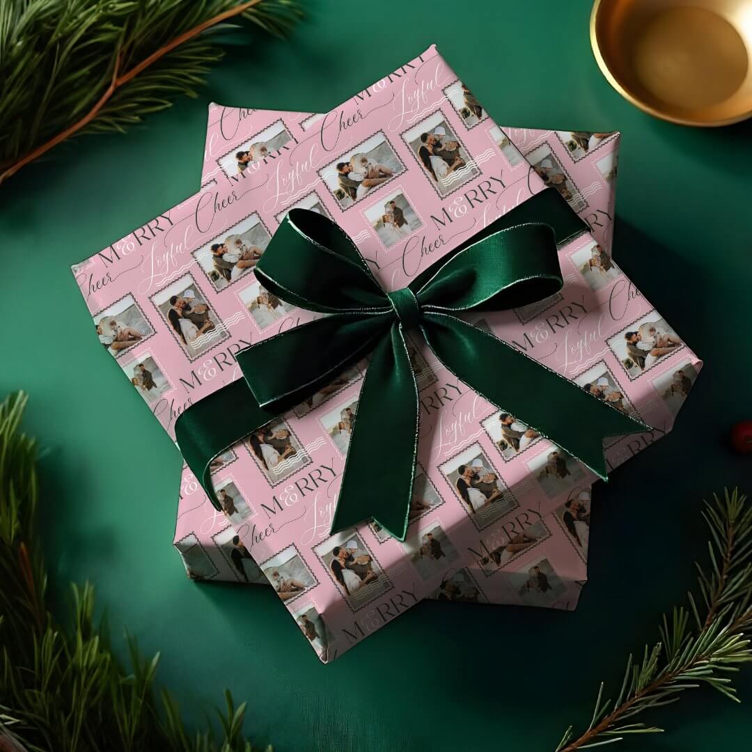 Merry Joyful Cheer Wavy Retro Modern Photo Collage Pink Wrapping Paper