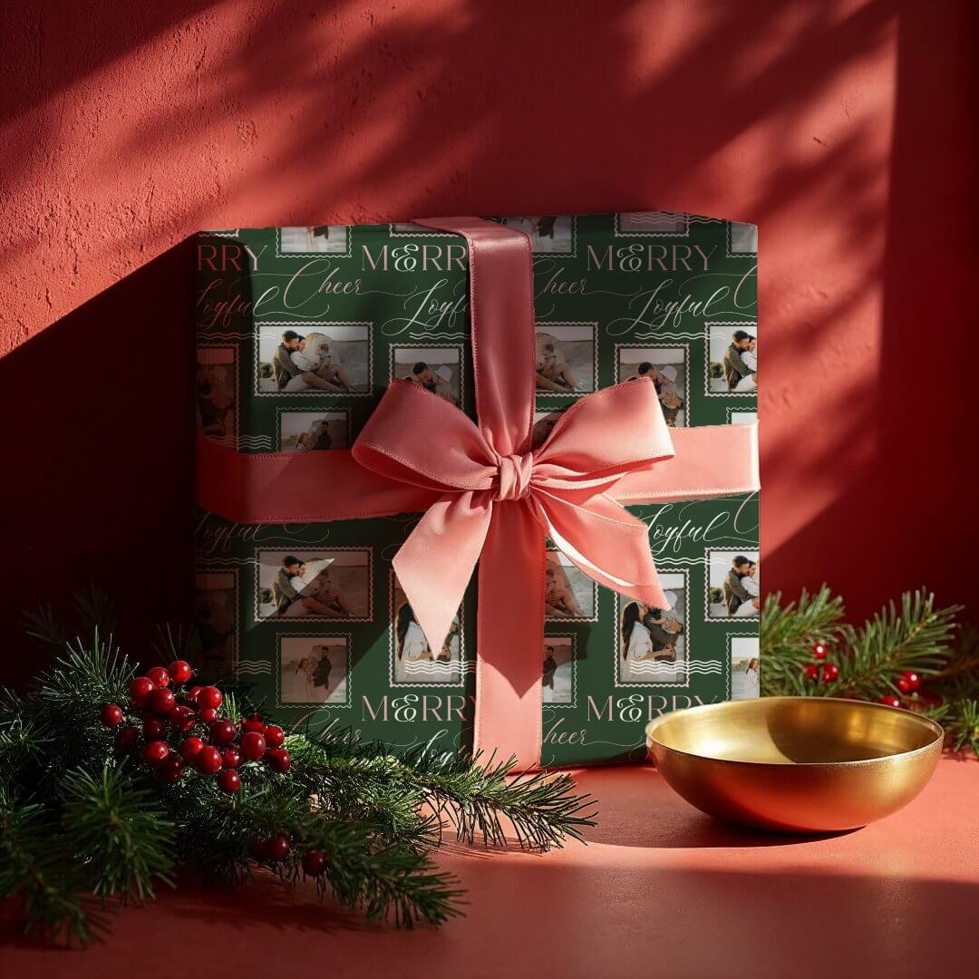 Merry Joyful Cheer Wavy Retro Modern Photo Collage Wrapping Paper