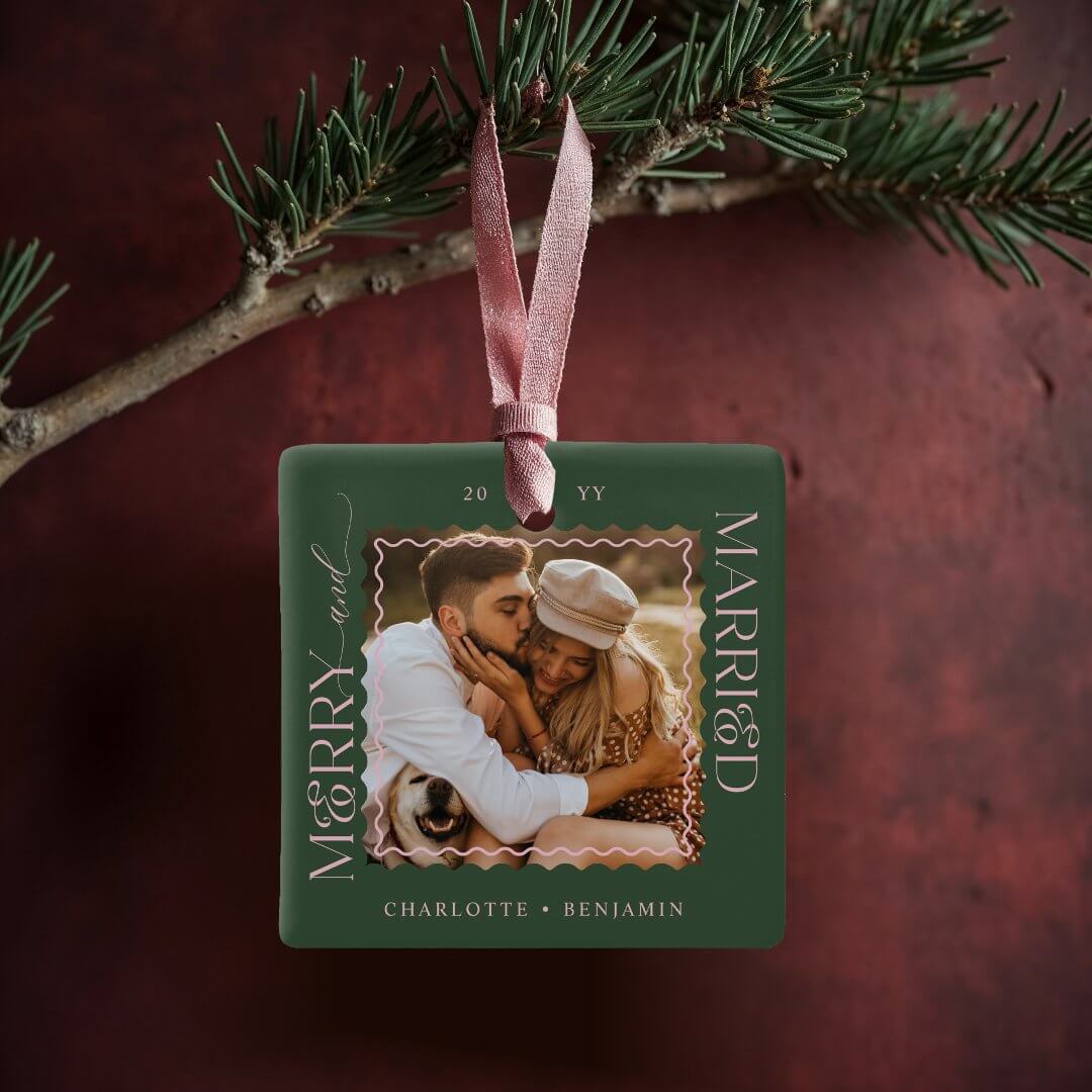 Merry & Married Modern Minimal Wavy Photo Keepsake Green Ceramic Ornament