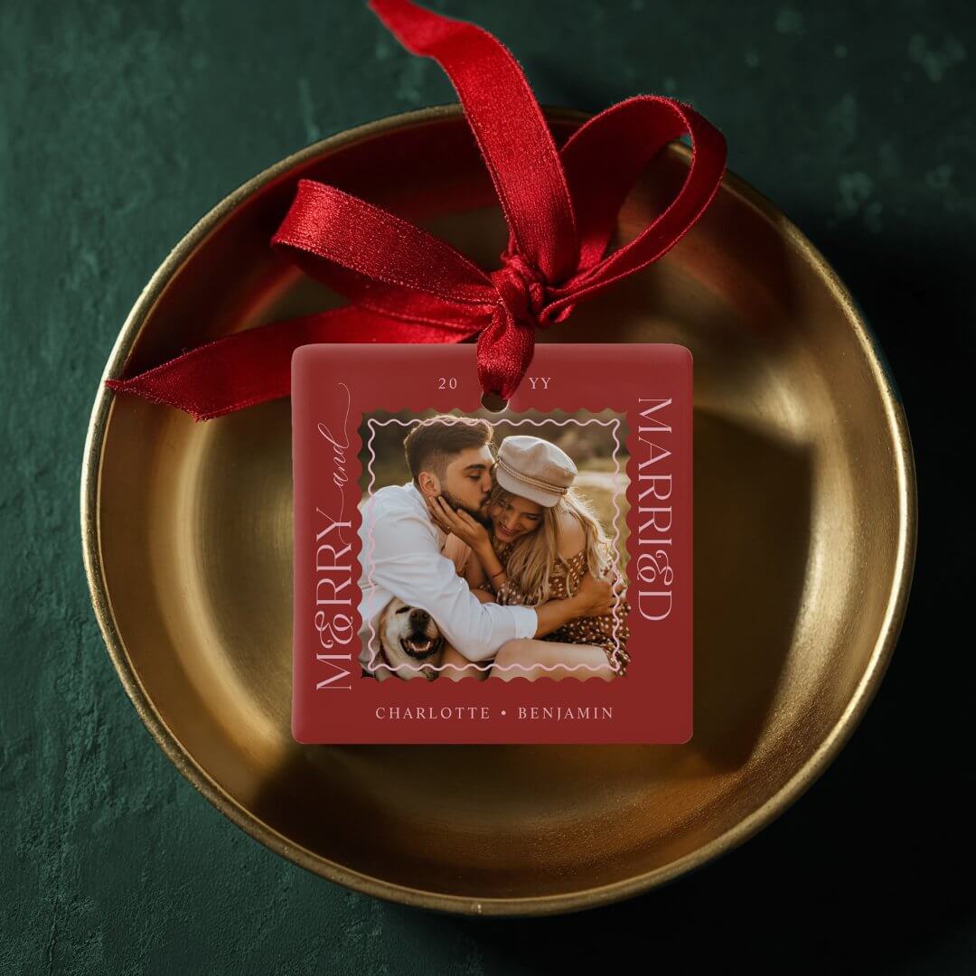 Merry & Married Modern Minimal Wavy Photo Keepsake Red Ceramic Ornament