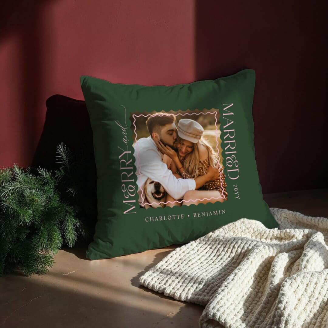 Merry & Married Modern Minimal Wavy Photo Keepsake Green Throw Pillow