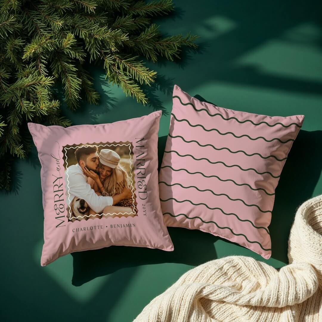 Merry & Married Modern Minimal Wavy Photo Keepsake Pink Throw Pillow