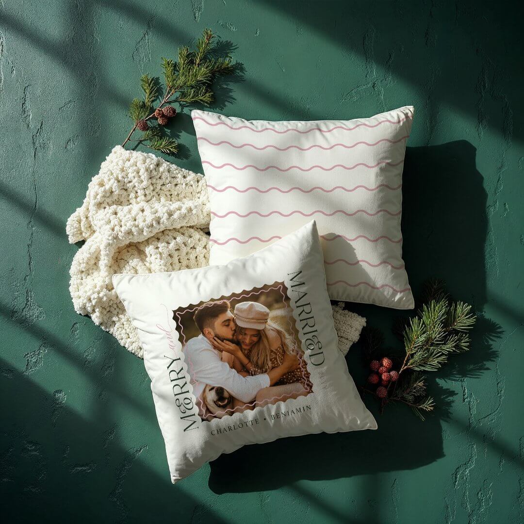 Merry & Married Modern Minimal Wavy Photo Keepsake Pink Throw Pillow