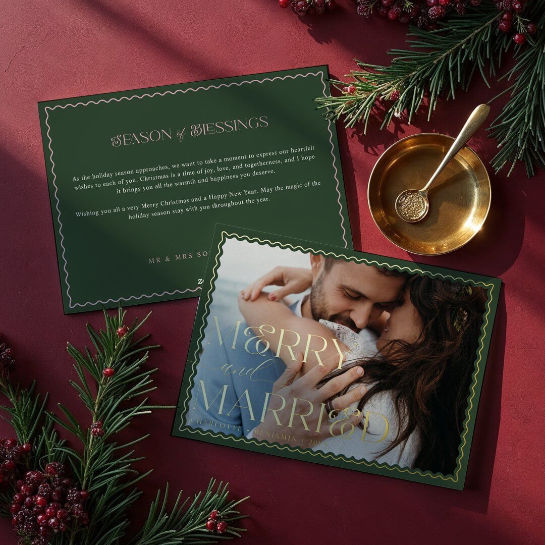 Merry & Married Modern Minimal Wavy Wedding Photo Foil Holiday Card