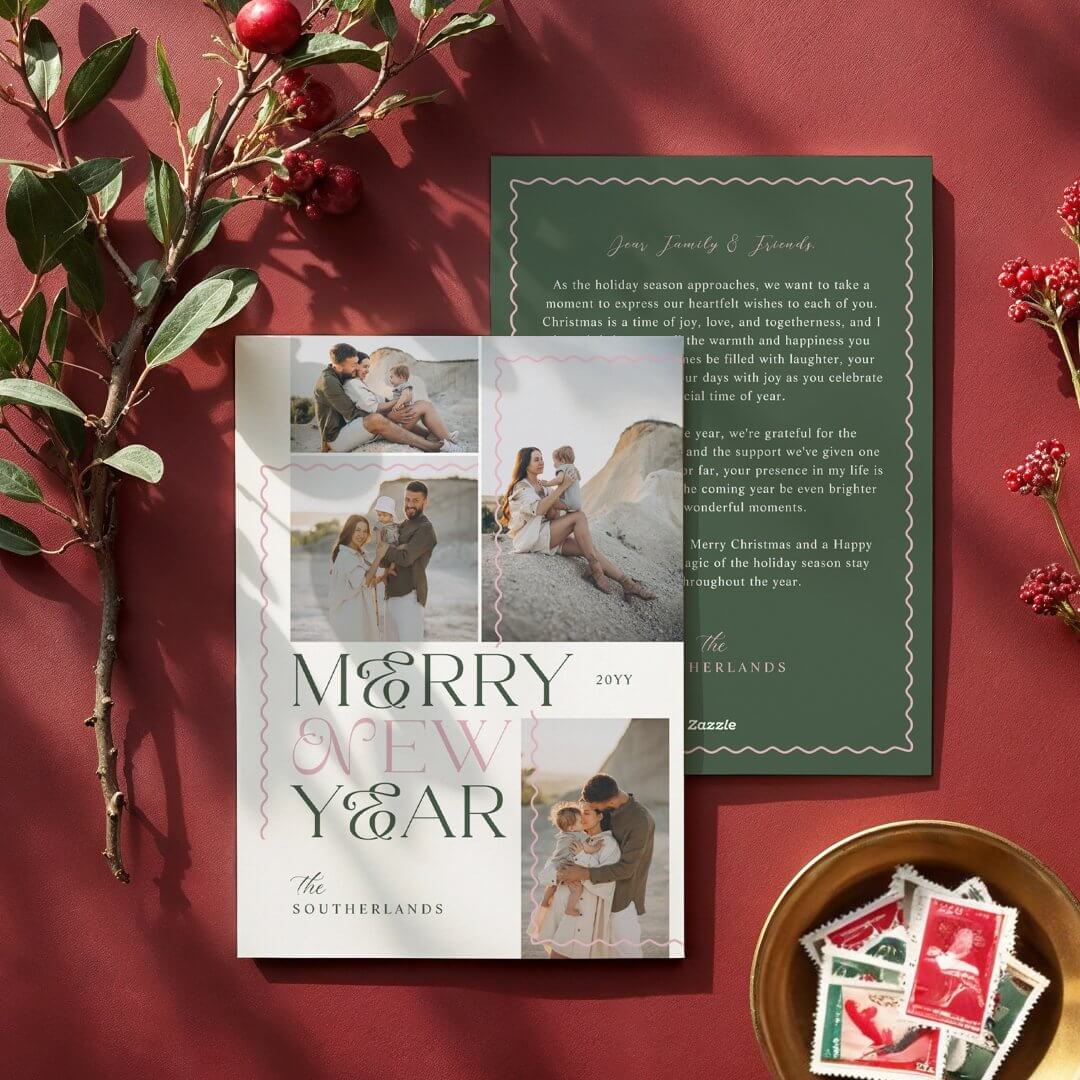 Merry New Year Wavy Modern Minimal 4 Photo Collage Holiday Card