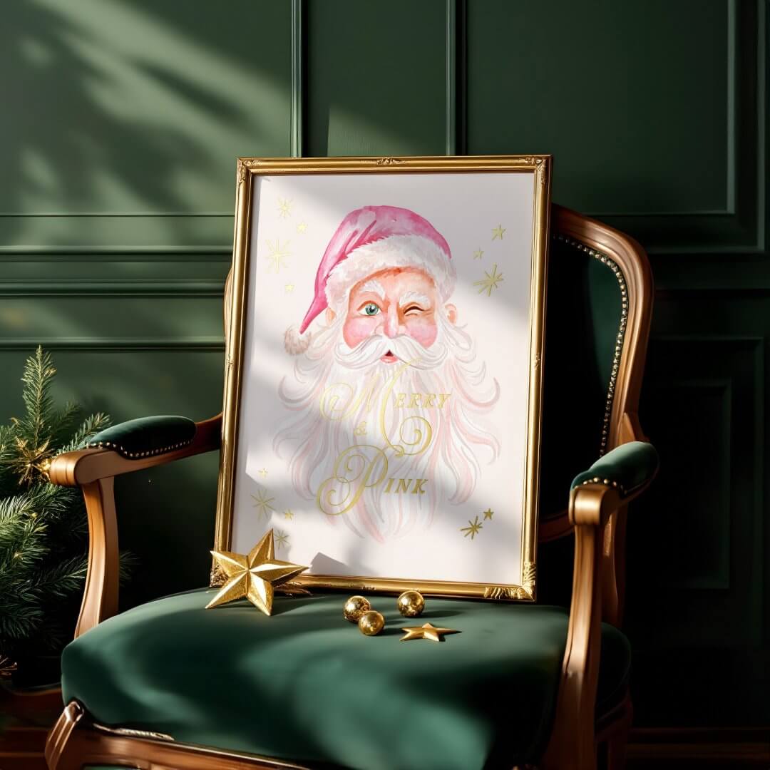 Merry & Pink Classic Christmas Retro Pink Santa Foil Prints