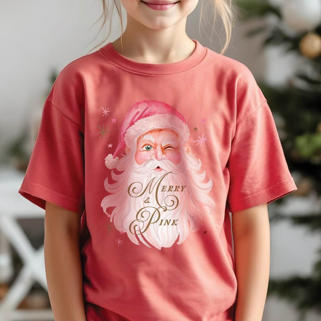 Merry & Pink Classic Christmas Retro Pink Santa Tri-Blend Shirt