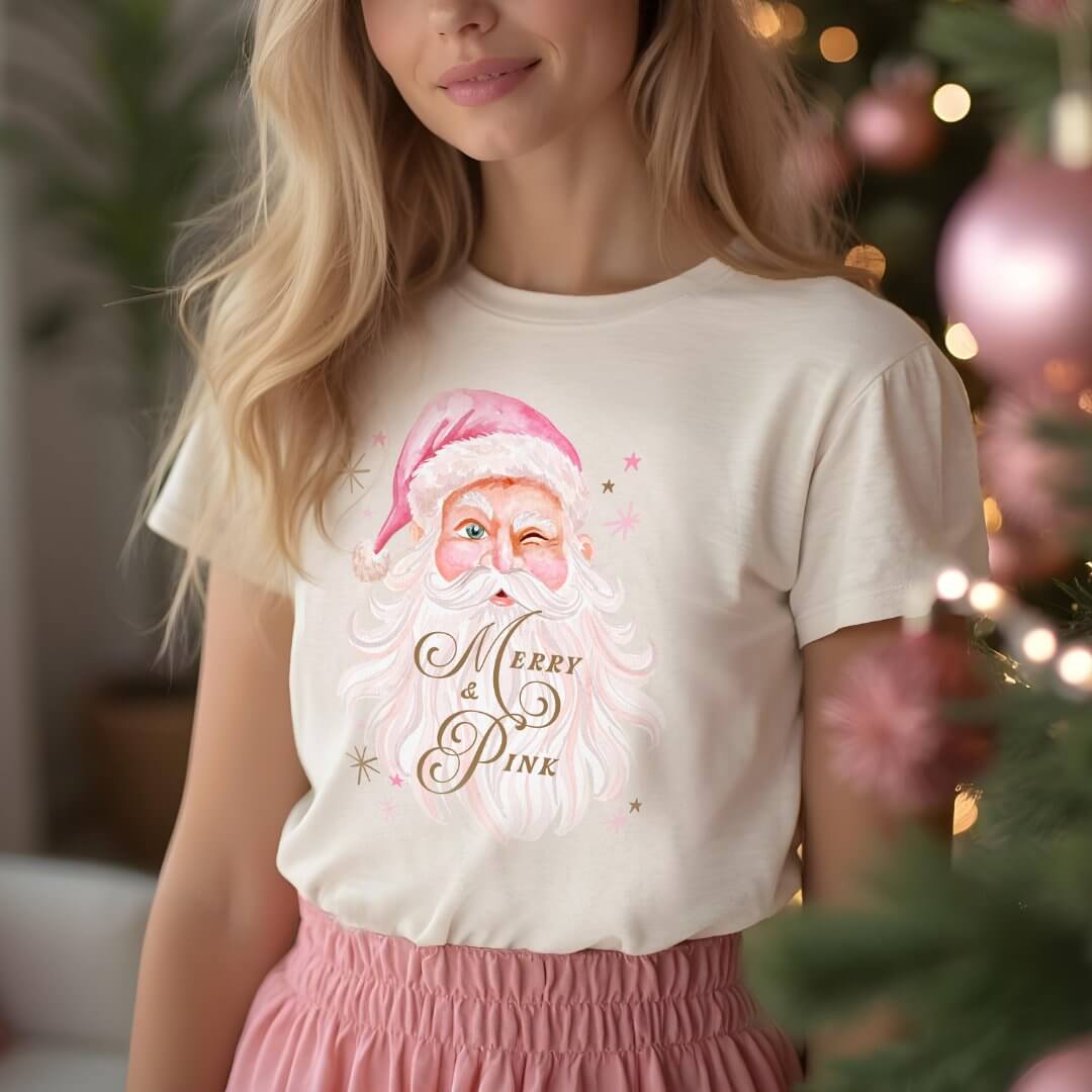 Merry & Pink Classic Christmas Retro Pink Santa Tri-Blend Shirt