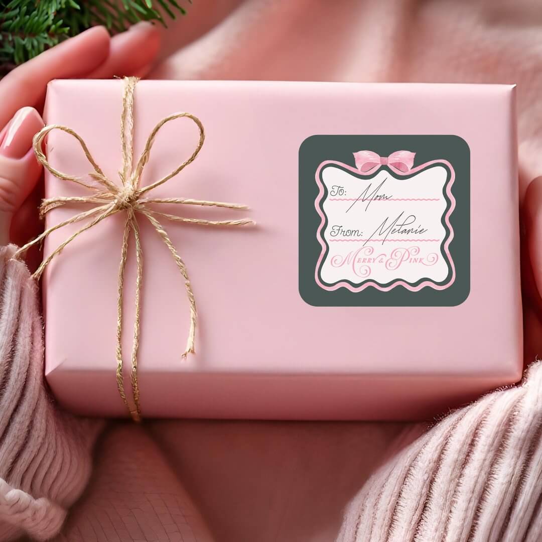 Merry & Pink Wavy Retro Pink Ribbon & Bow To From Square Sticker