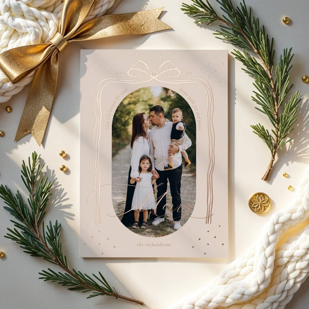 Merry Script Elegant Chic Christmas Bow Arch Photo Foil Holiday Card