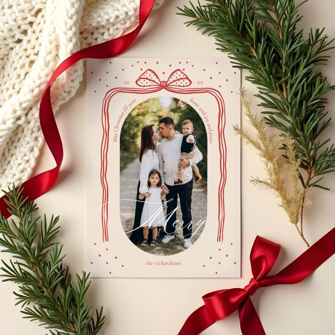 Merry Script Elegant Chic Christmas Bow Arch Photo Red Holiday Card