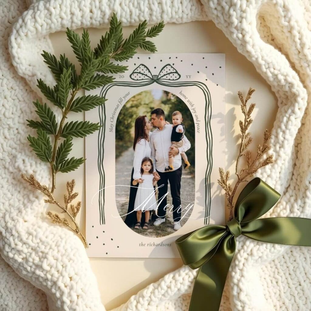 Merry Script Elegant Chic Christmas Bow Arch Photo Green Holiday Card