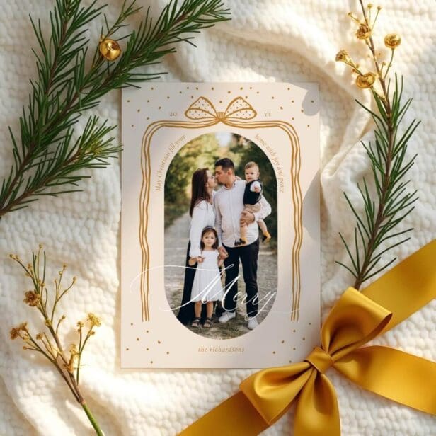 Merry Script Elegant Chic Christmas Bow Arch Photo Burnt Orange Holiday Card