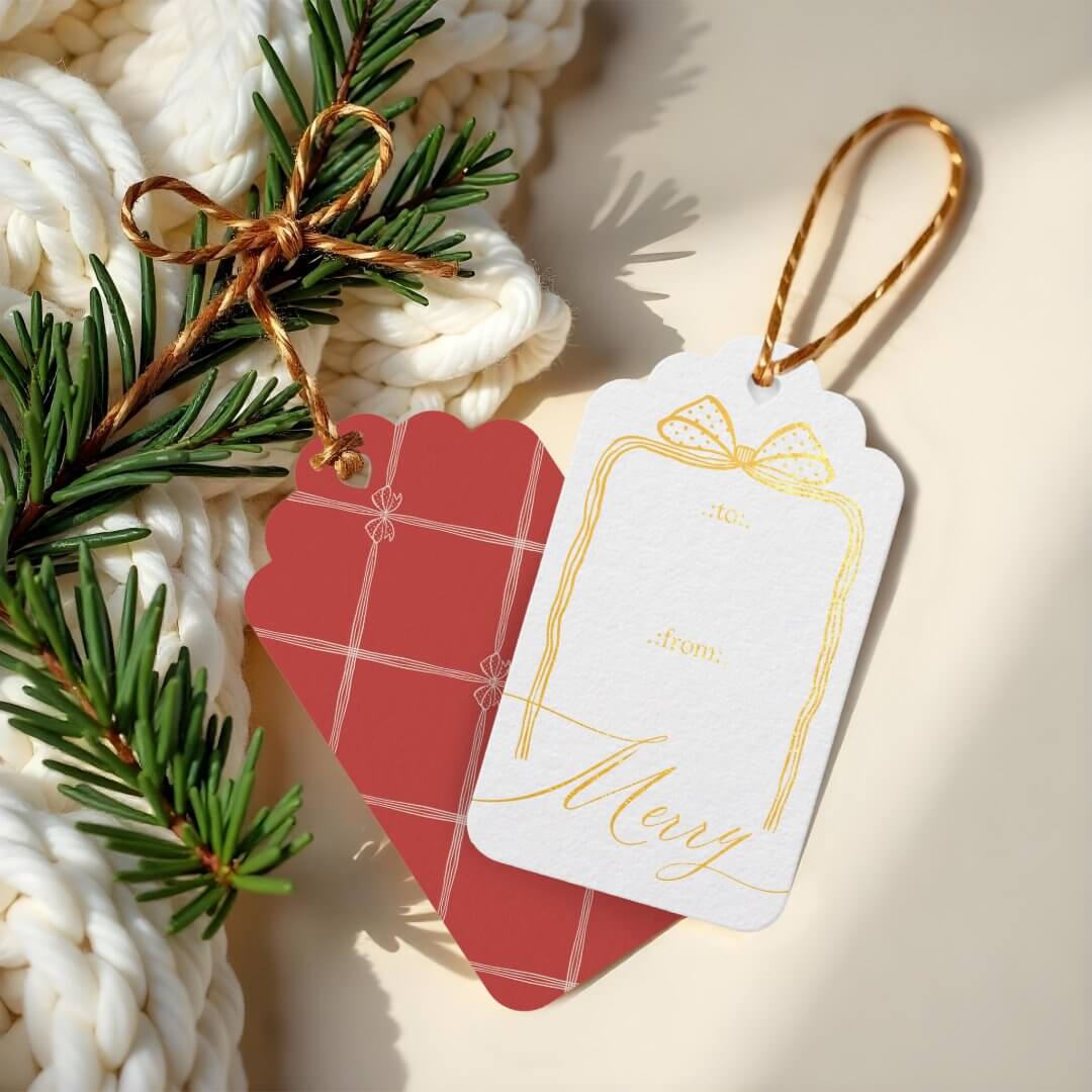 Merry Script Elegant Chic Christmas Bow To & From Foil Red Gift Tags
