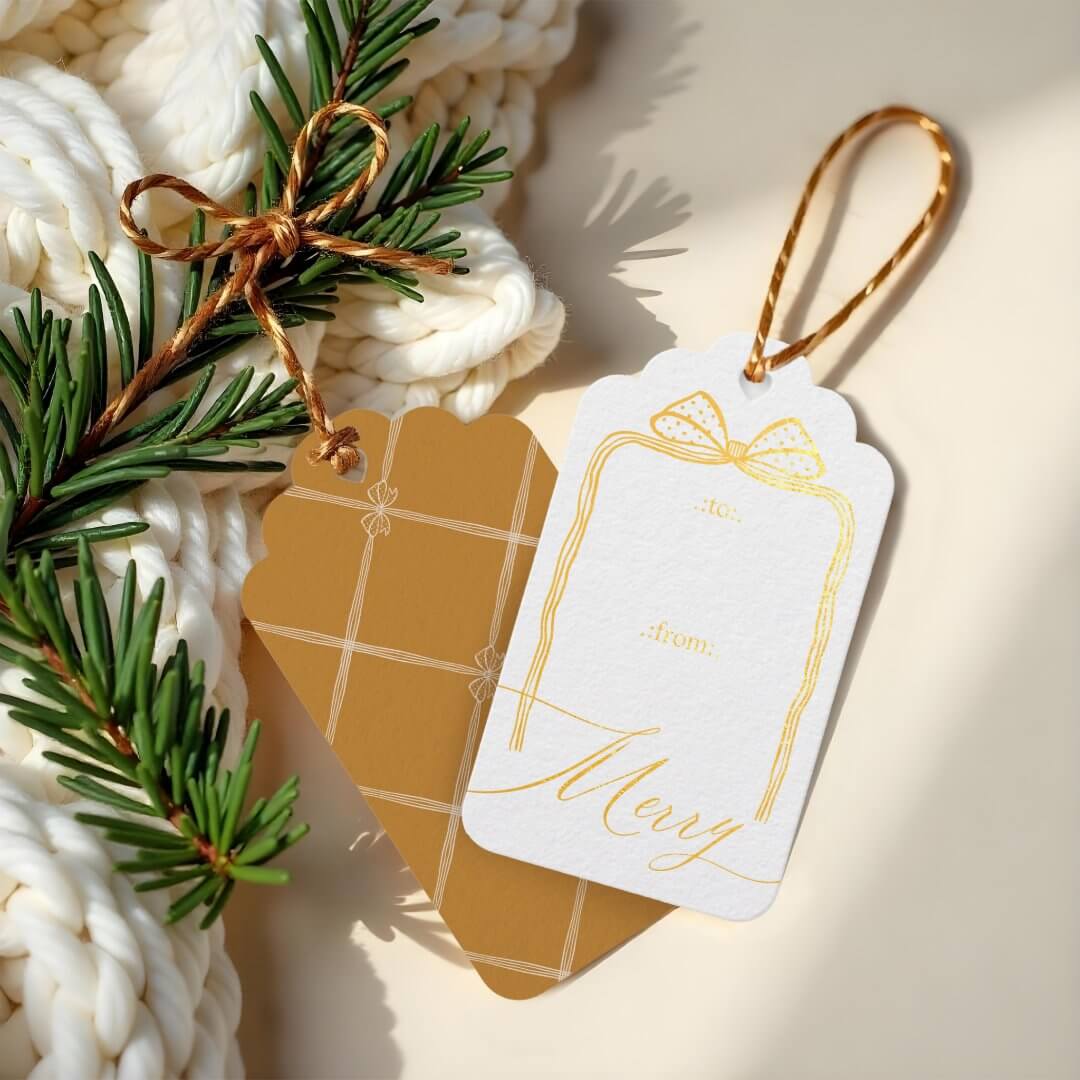 Merry Script Elegant Chic Christmas Bow To & From Foil Golden Gift Tags