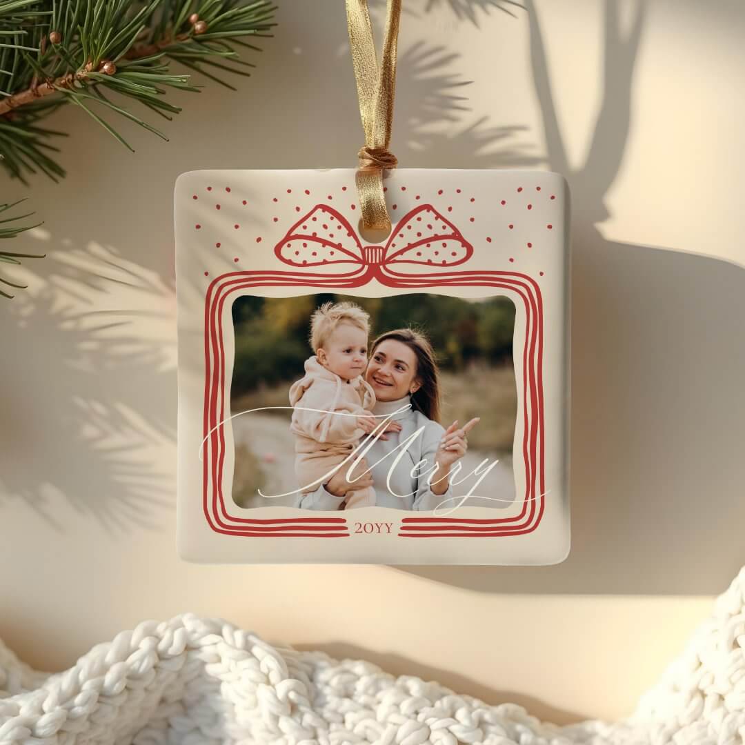 Merry Script Elegant Christmas Bow Photo Keepsake Ceramic Ornament