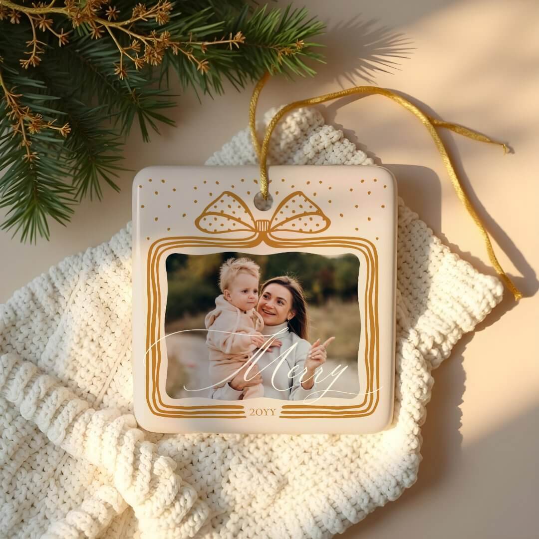 Merry Script Elegant Christmas Bow Photo Keepsake Burnt Orange Ceramic Ornament