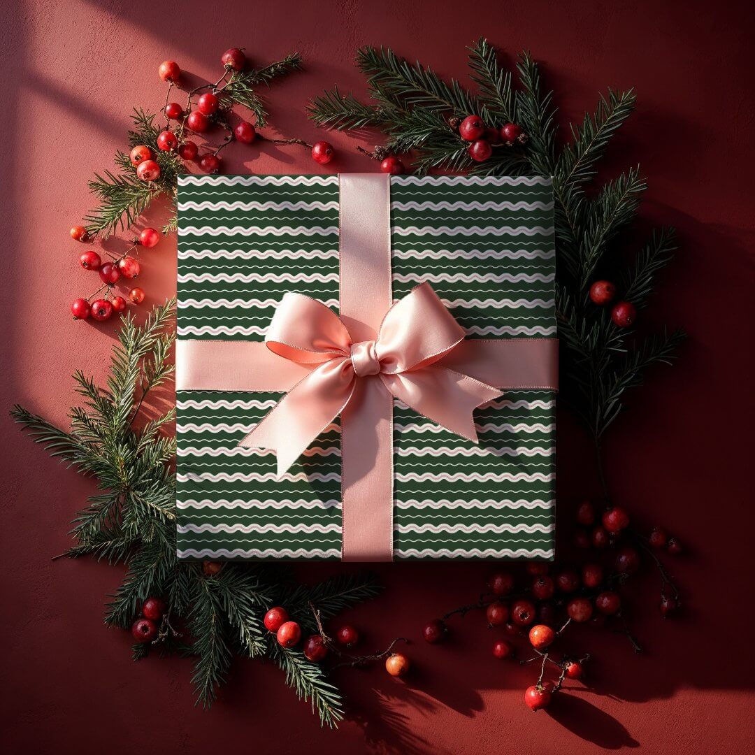 Modern Minimal Retro Wavy Green & Pink Stripe Wrapping Paper