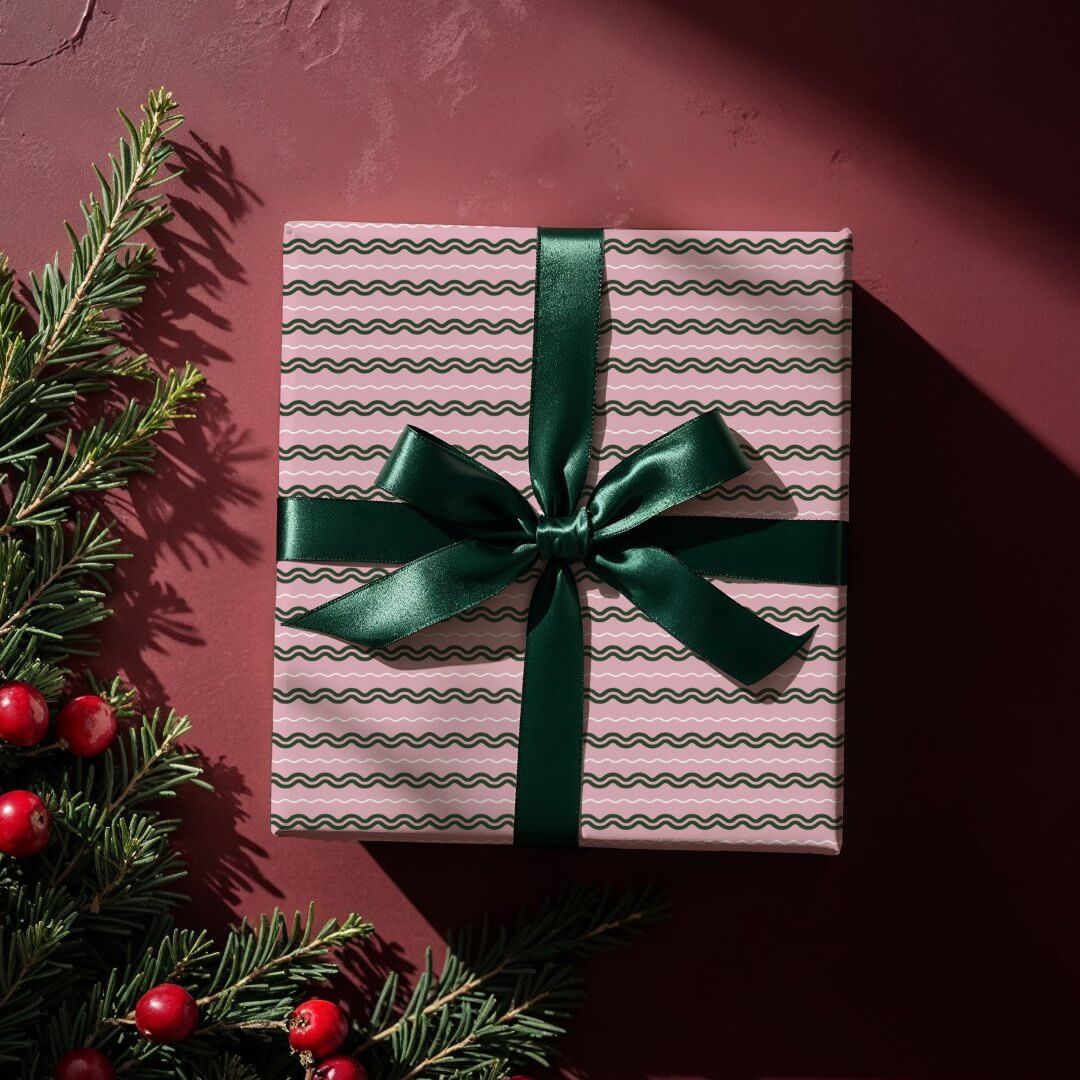 Modern Minimal Retro Wavy Green & Pink Stripe Wrapping Paper