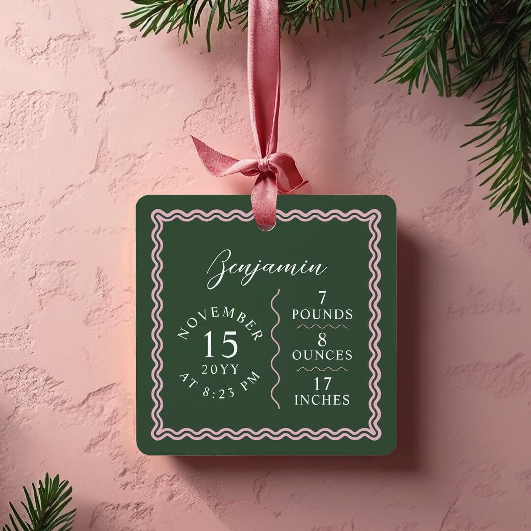 Modern Wavy Baby Name Script Birth Stats Photo Metal Ornament