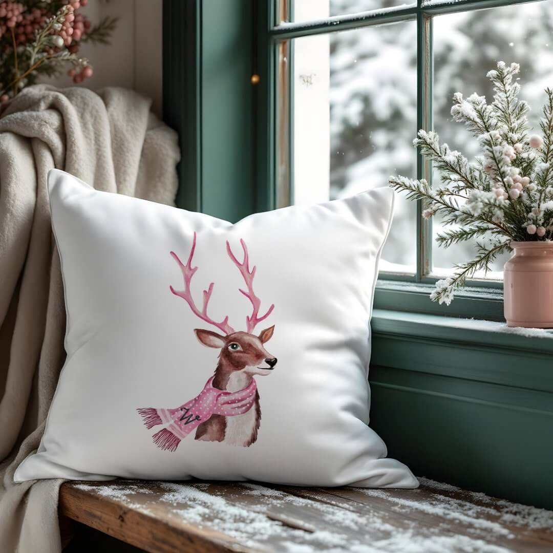 Pink Christmas Retro Vintage Reindeer Monogram White Throw Pillow