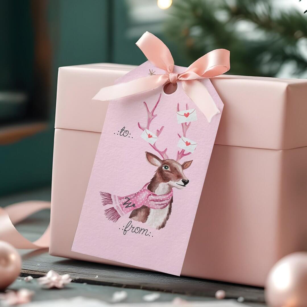 Pink Christmas Retro Vintage Reindeer To From Gift Tags