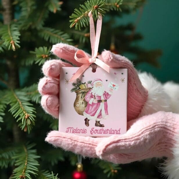 Pink Christmas Retro Vintage Santa Claus Letter Ceramic Ornament