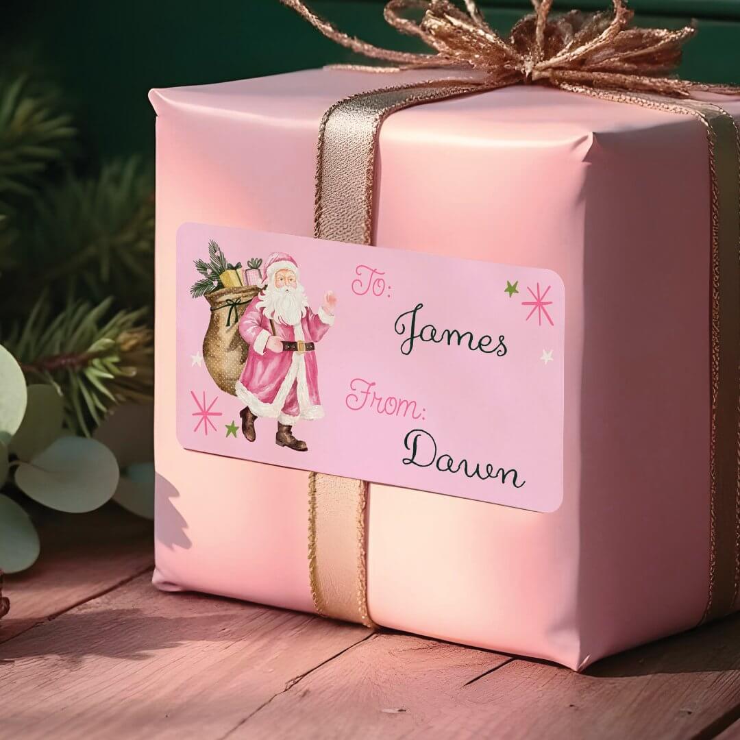 Pink Christmas Retro Vintage Santa Claus To From Label