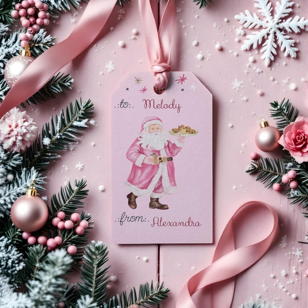 Pink Christmas Retro Vintage Santa Cookies To From Gift Tags