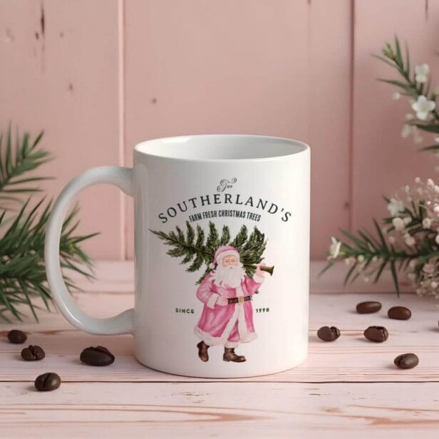Pink Christmas Vintage Santa Claus Farm Fresh Tree Coffee Mug