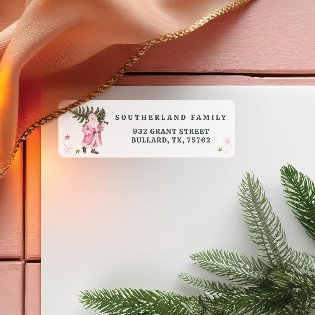 Pink Christmas Vintage Santa Claus Farm Fresh Tree Label