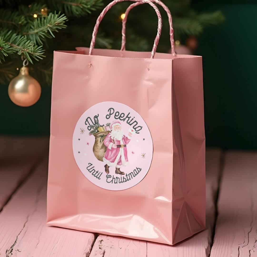 Pink Christmas Vintage Santa Claus No Peeking Classic Round Sticker