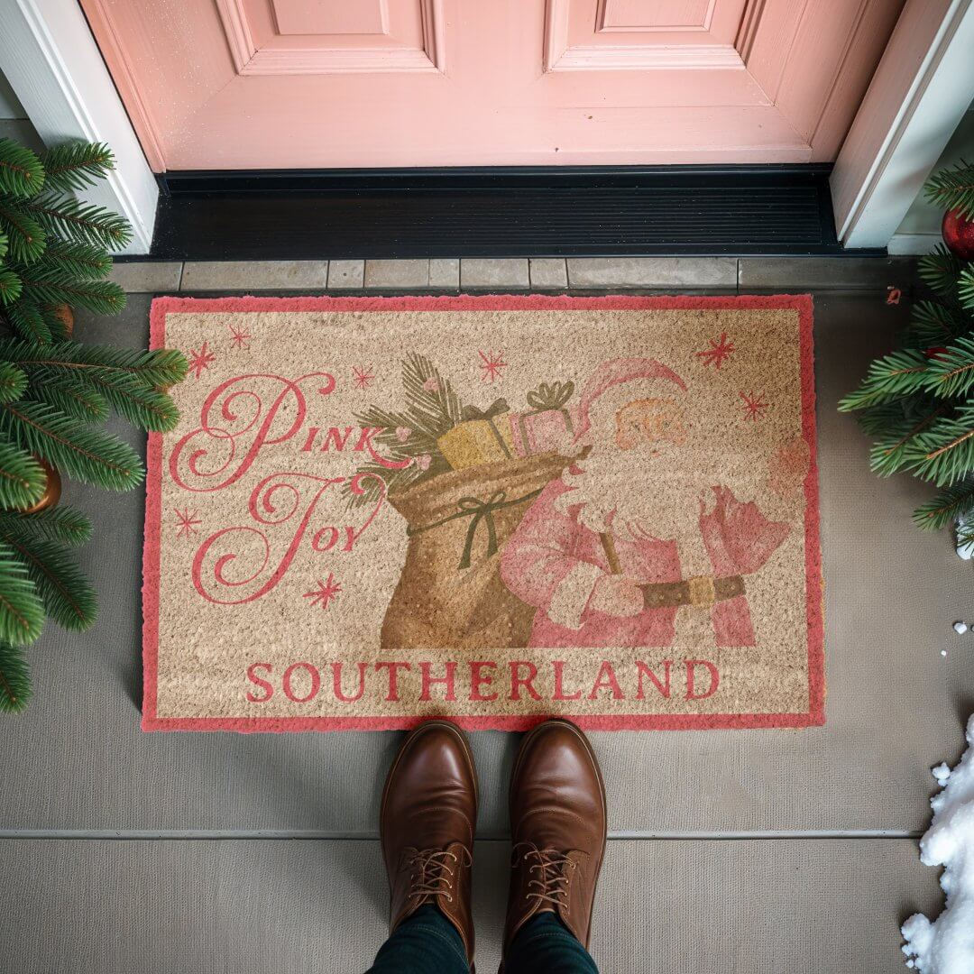 Pink Joy Christmas Vintage Santa Claus Custom Name Doormat