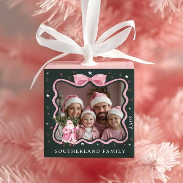 Pink Vintage Santa Claus Tree Delivery Photo Cube Ornament