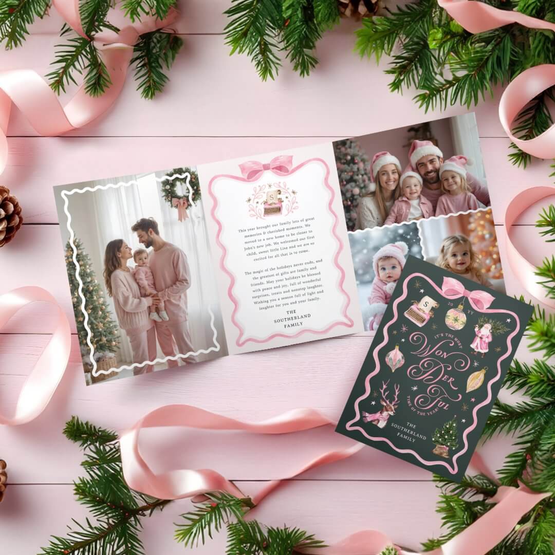 Retro Christmas Pink Ribbon Family Photo Gallery Tri-Fold Holiday Card