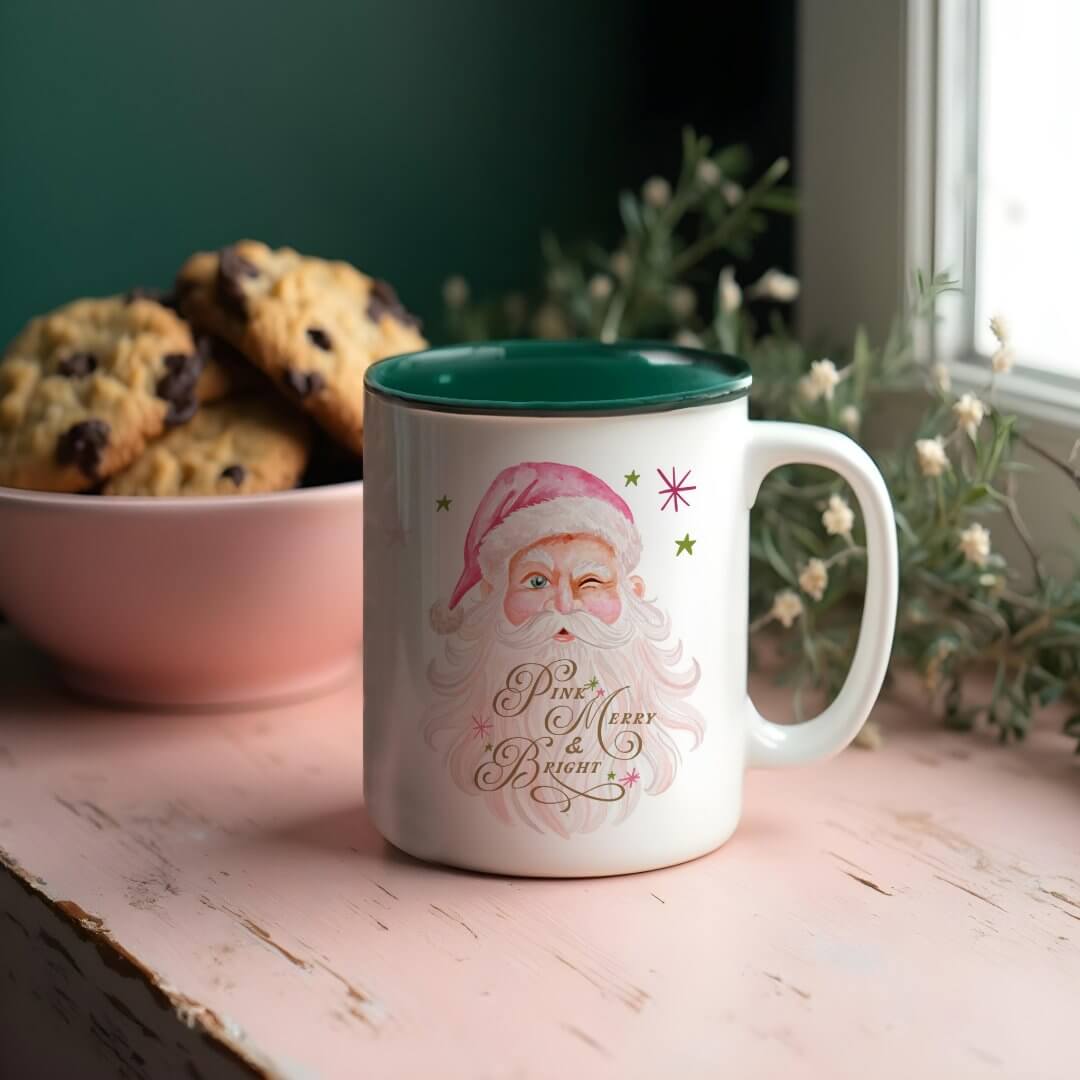 Retro Vintage Merry & Pink Watercolor Santa Claus Two-Tone Coffee Mug