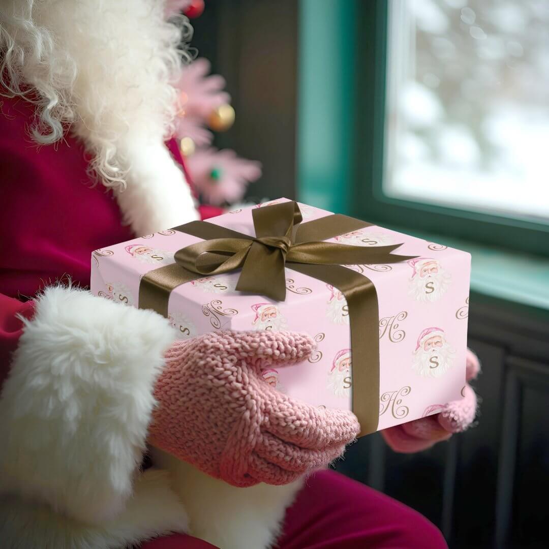 Retro Vintage Pink Christmas Santa Claus Monogram Pink Wrapping Paper