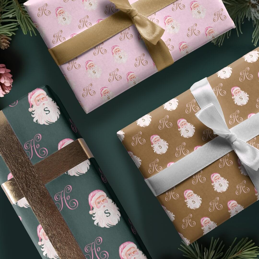 Retro Vintage Pink Christmas Santa Claus Monogram Wrapping Paper Sheets