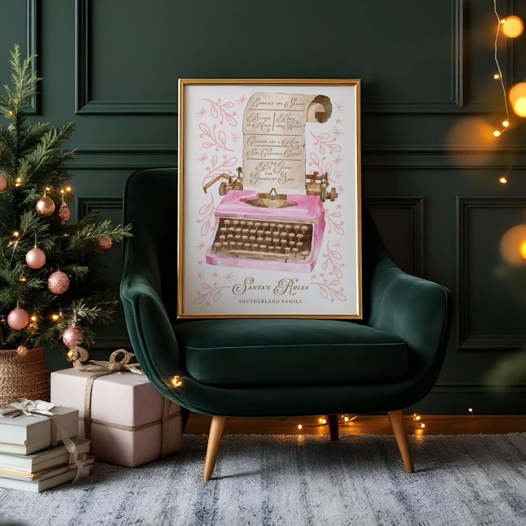 Santa's Rules Retro Watercolor Pink Typewriter Poster