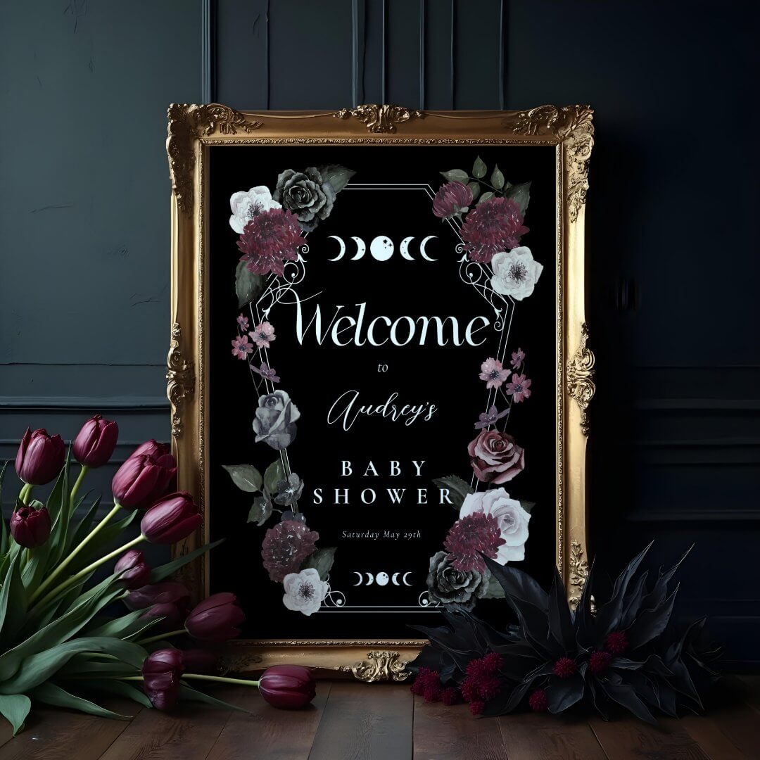 Vintage Floral Goth Halloween Baby Shower Welcome Poster