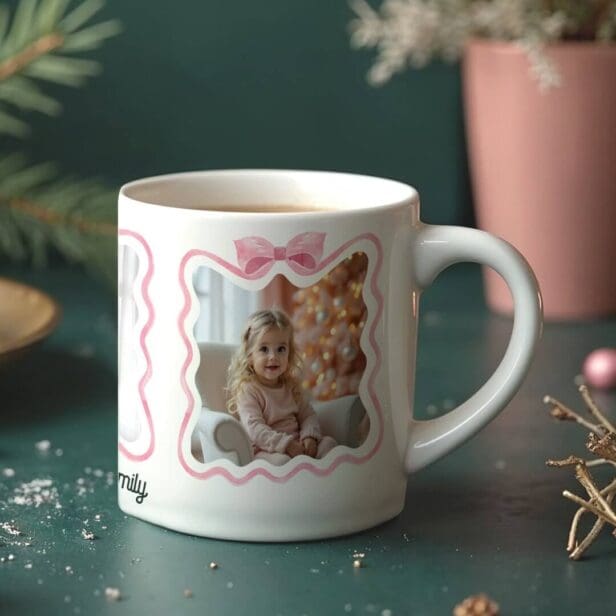 Vintage Retro Wavy Pink Ribbon Photo Collage Giant Coffee Mug