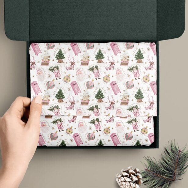 Vintage Santa Retro Pink Christmas Custom Monogram Tissue Paper