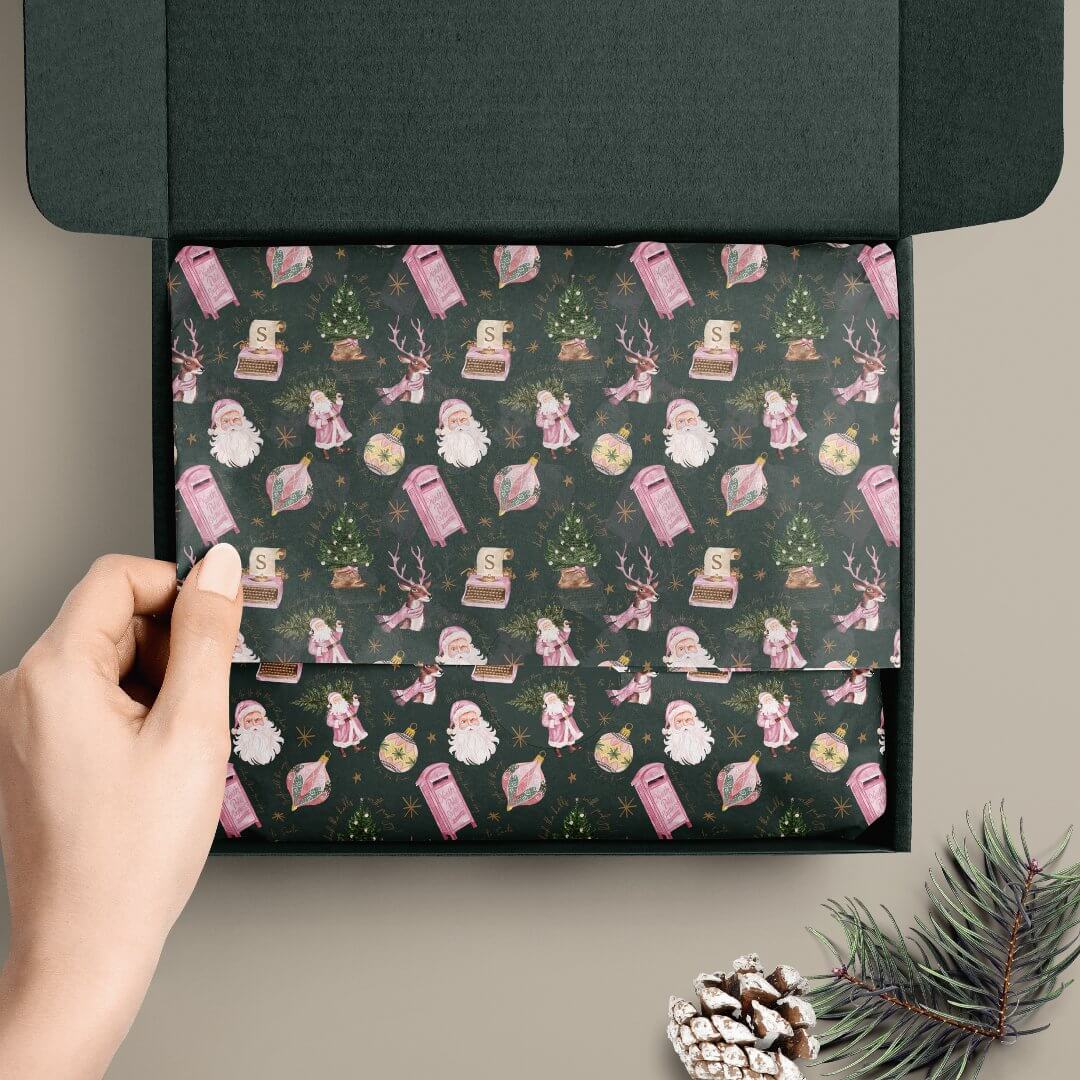Vintage Santa Retro Pink Christmas Custom Monogram Tissue Paper